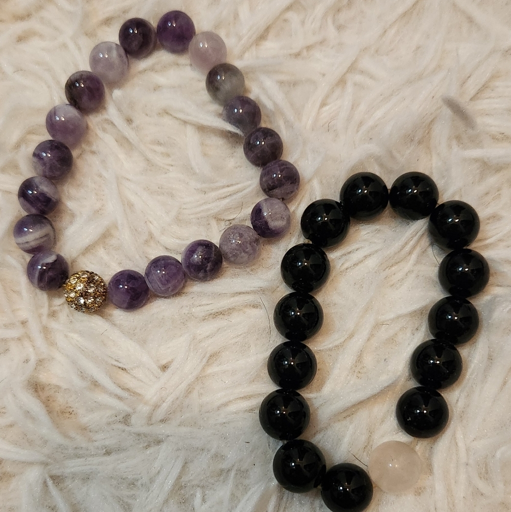 Elegant Purple and Black Beaded Bracelet Set